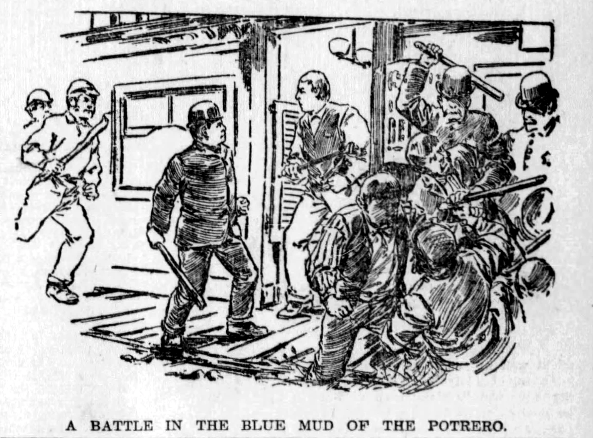 A Battle in the Blue Mud of the Potrero — newspaper illustration, The Examiner, 28 February 1892