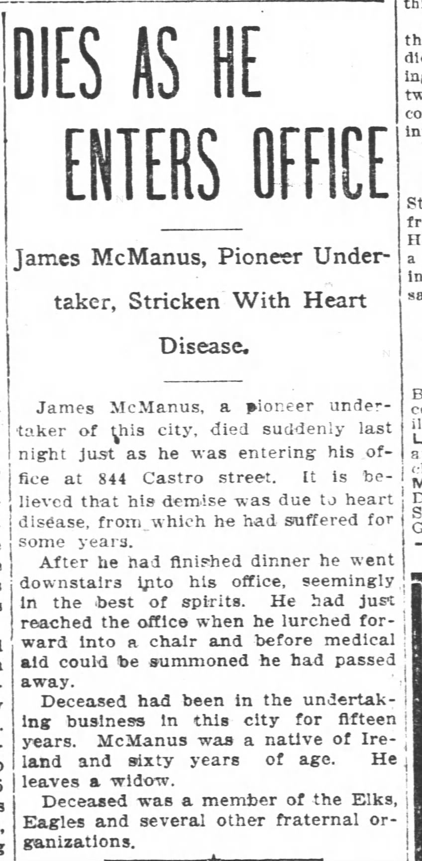 James McManus dies entering his office — Oakland Tribune, 1906