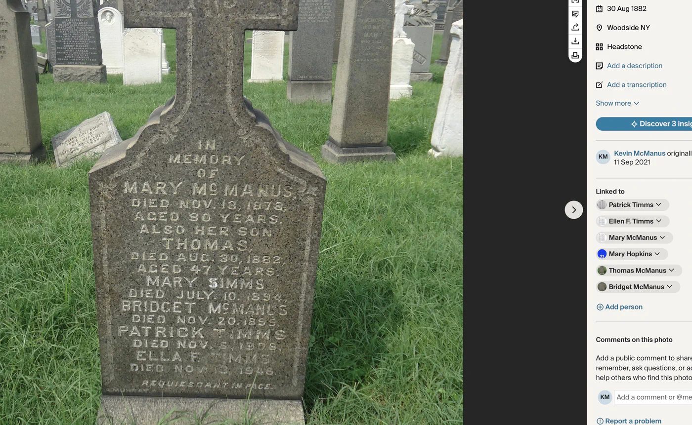 Supplied photograph of the shared Mary McManus, Thomas McManus, Mary Timms, Bridget McManus, Patrick Timms and Ella F. Timms monument.