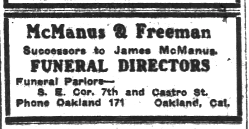 McManus & Freeman advertisement identifying the firm as successors to James McManus; issue date pending.