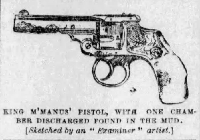 King McManus’s pistol, as attributed by the newspaper caption; ownership disputed in the report.