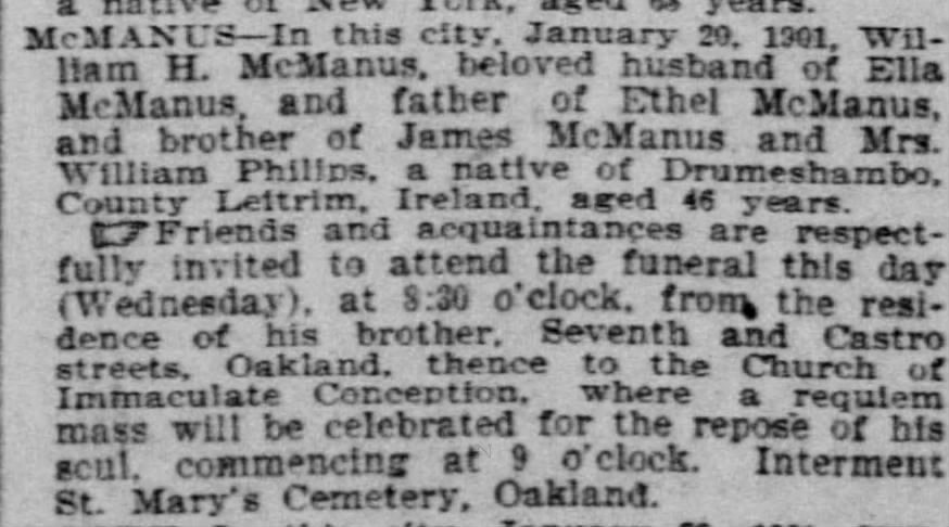 William H. McManus — funeral and St. Mary’s Cemetery notice
