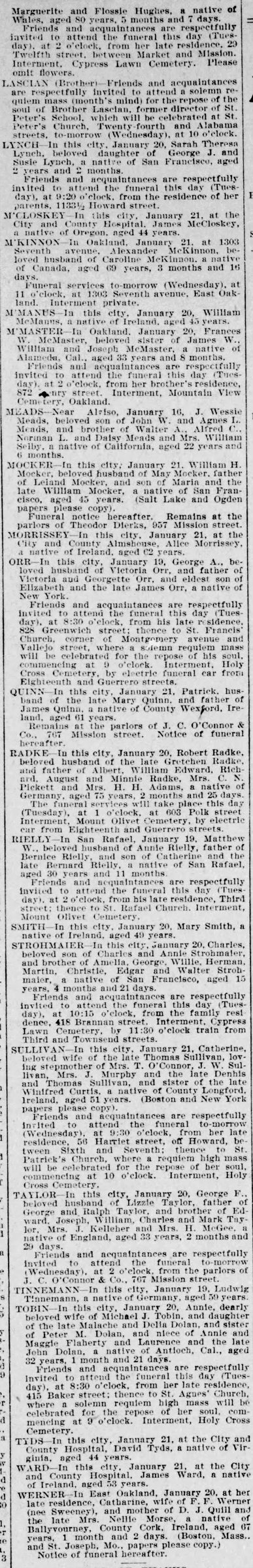 William McManus — death notice, January 1901